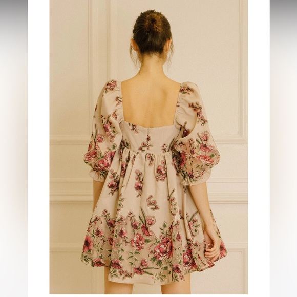 Pink Floral Babydoll Dress, Puff Sleeves